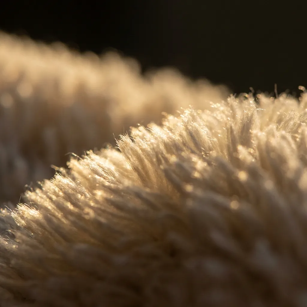 Backlit macro view of dense microfiber blanket pile showing individual fibers standing upright
